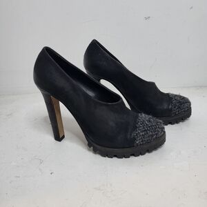 Vic Matie Leather Chunky Slip On Round Toe Pump Heel Shoe Black Size 37